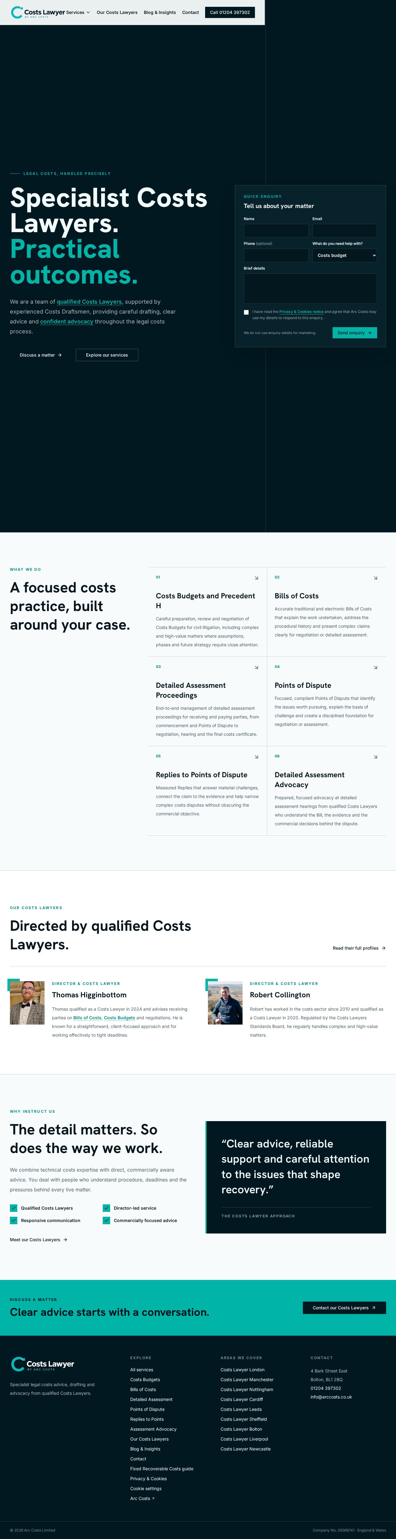 Costs Lawyer website designed and built by Bark Street Digital, scrolling from its specialist costs lawyers banner through services and enquiry information
