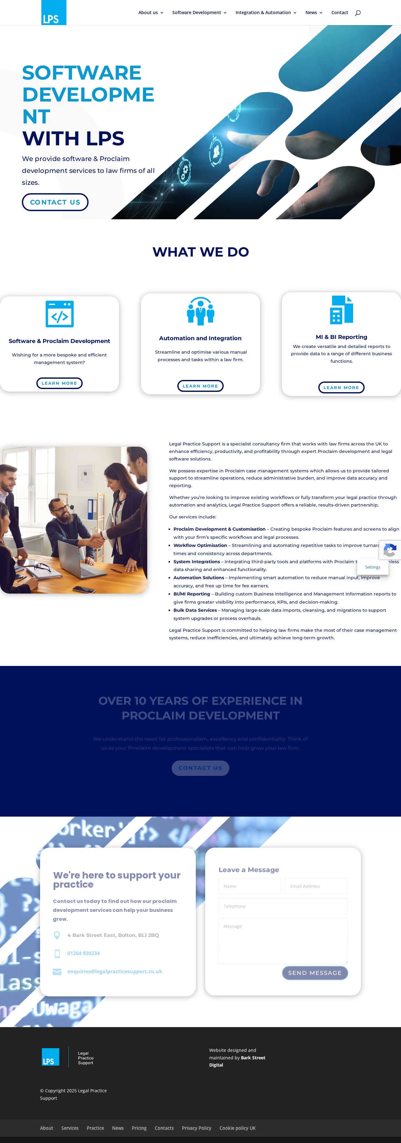 Legal Practice Support website designed and built by Bark Street Digital, scrolling through software development, automation and reporting services