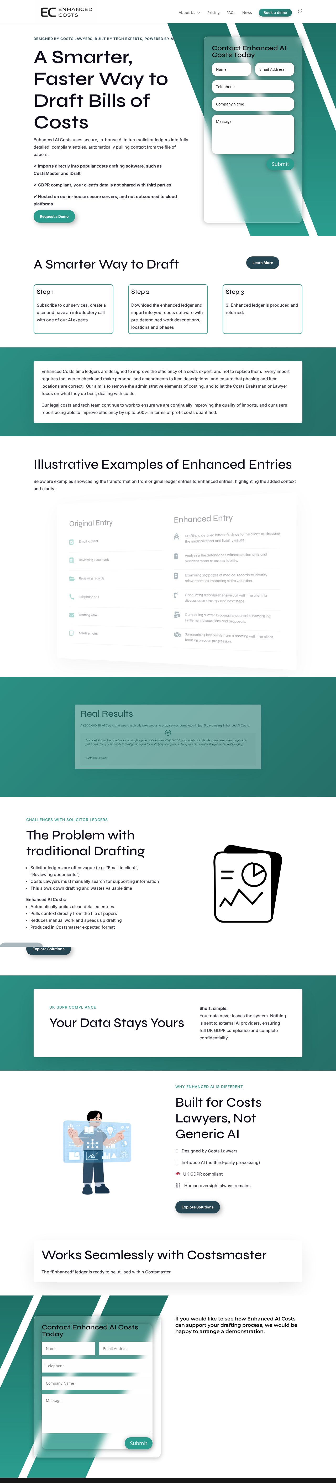 Enhanced Costs website designed and built by Bark Street Digital, scrolling through the AI costs drafting service, examples and contact information