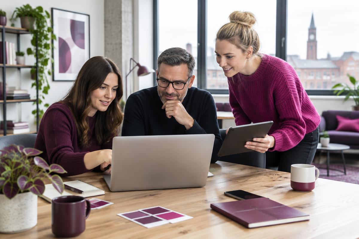 Web designers reviewing a responsive website with a client in Bolton