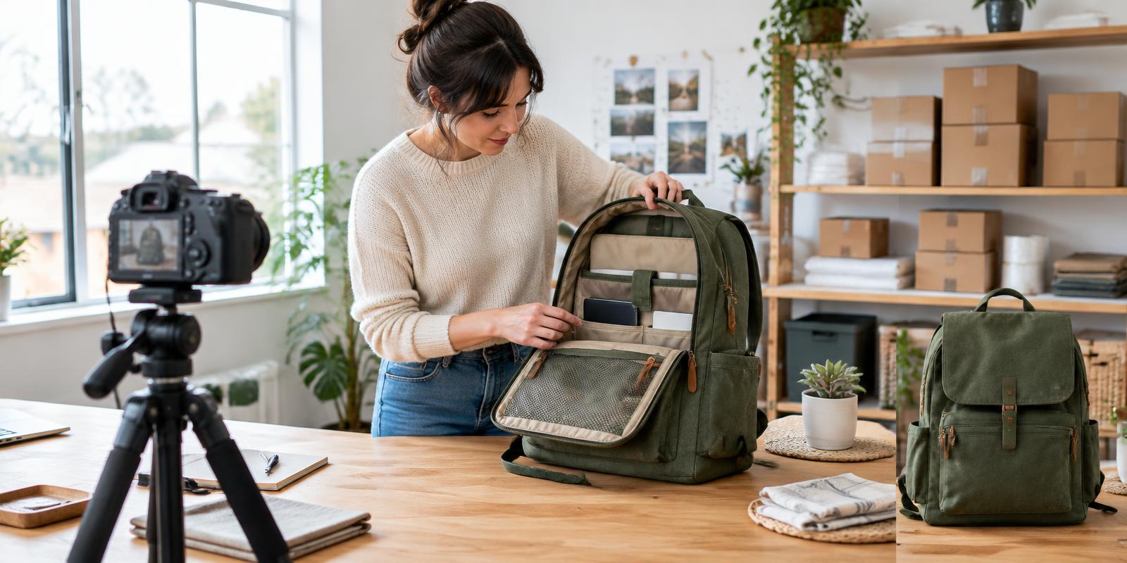 Illustrative image of an online retailer preparing product photography showing a backpack's interior pockets