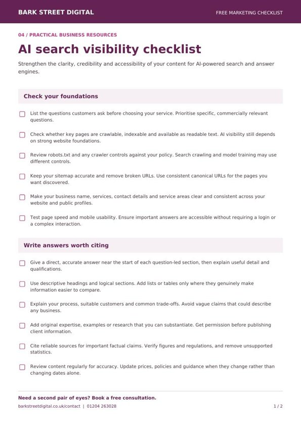 First page of the ai search visibility checklist, with printable checkboxes