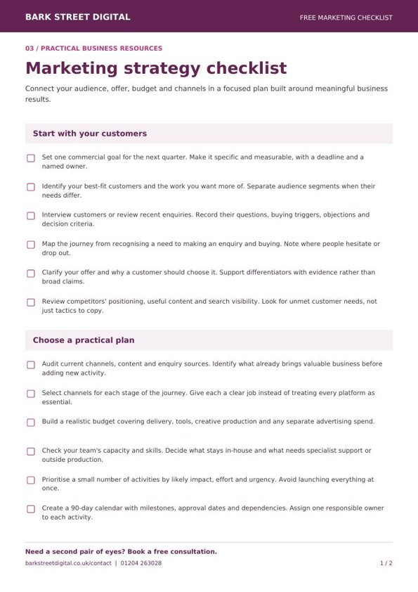 First page of the marketing strategy checklist, with printable checkboxes